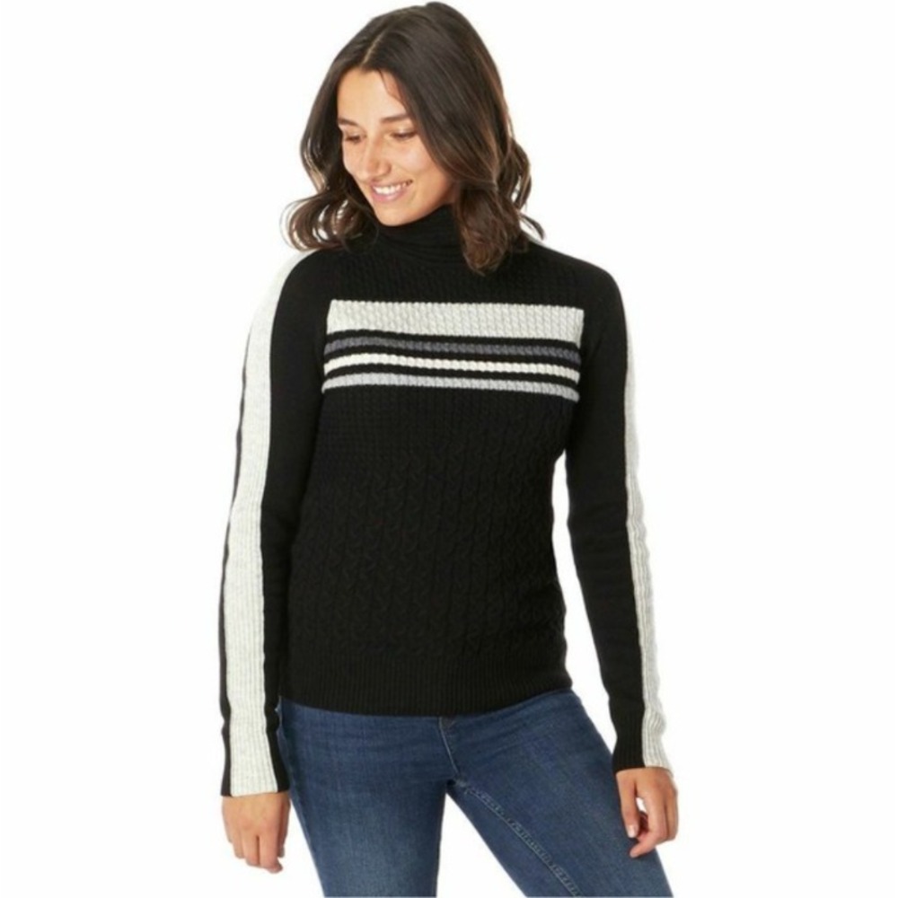 SmartWool Dacono Cable Knit Turtleneck Sweater Merino Wool Striped Black Large